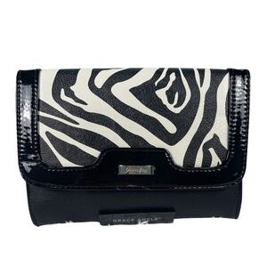 Grace Adele Zebra Print Crossbody Clutch Bag Black Patent Trim Red Lining